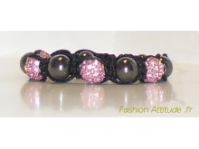 Bracelet shamballa  - Perles cristal rose & perles hématite, cordon macramé